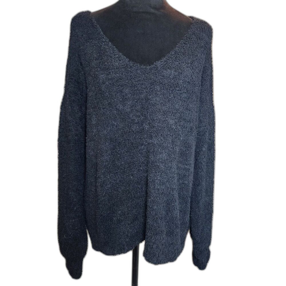 Sanctuary XL Black Fuzzy Eyelash Popcorn Knit V-Neck Pullover Sweater Oversized